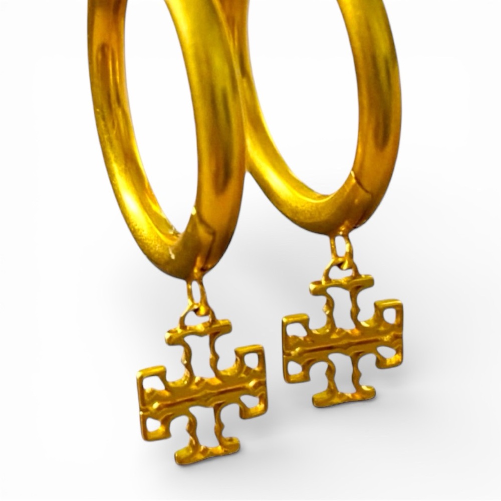 Tory Burch Gold Plated Hoop Earrings with T Drop